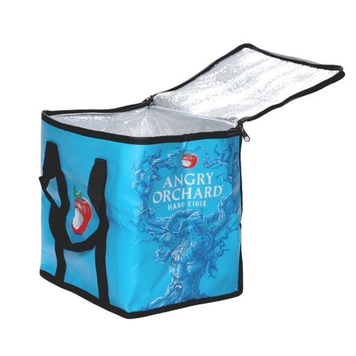 This blue cooler bag includes five sides of designs. Two sides have the iconic Angry Orchard red bitten apple, the other two have writing "Angry Orchard Hard Cider" with an image of the Angry Orchard tree trunk with a face. The top of the cooler says, 'Angry Orchard Hard Cider".