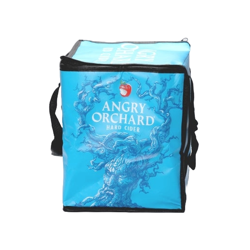 This blue cooler bag includes five sides of designs. Two sides have the iconic Angry Orchard red bitten apple, the other two have writing "Angry Orchard Hard Cider" with an image of the Angry Orchard tree trunk with a face. The top of the cooler says, 'Angry Orchard Hard Cider".