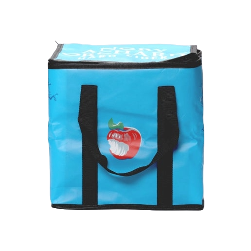 This blue cooler bag includes five sides of designs. Two sides have the iconic Angry Orchard red bitten apple, the other two have writing "Angry Orchard Hard Cider" with an image of the Angry Orchard tree trunk with a face. The top of the cooler says, 'Angry Orchard Hard Cider".