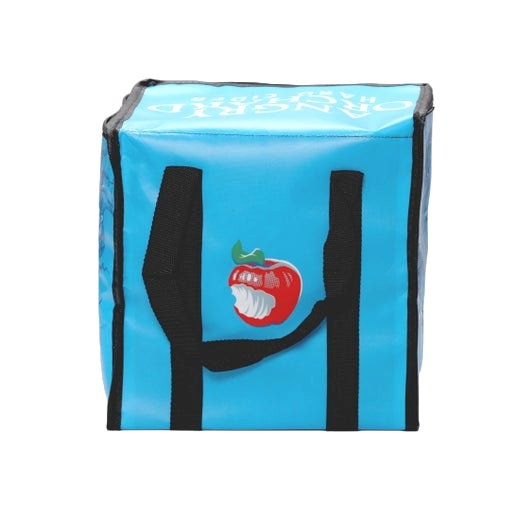 This blue cooler bag includes five sides of designs. Two sides have the iconic Angry Orchard red bitten apple, the other two have writing "Angry Orchard Hard Cider" with an image of the Angry Orchard tree trunk with a face. The top of the cooler says, 'Angry Orchard Hard Cider".