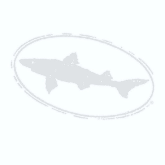 The KCB Print Resources Logo Decal - 4 inch No SZ features a stylized gray shark silhouette inside an oval outline on a light background, with a stamped vinyl transfer appearance.