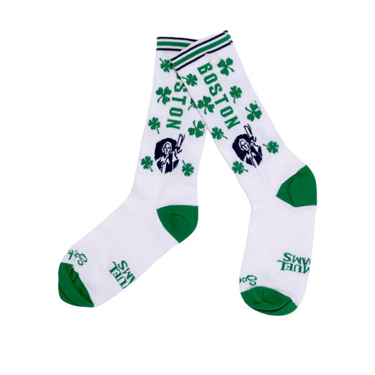 White socks with green accents and 'Boston' text on a white background
