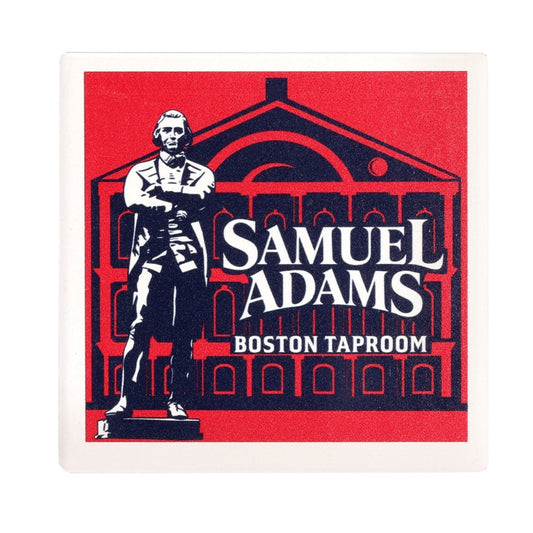 Ceramic Coaster of the iconic Sam Adams statue design in navy with a red background