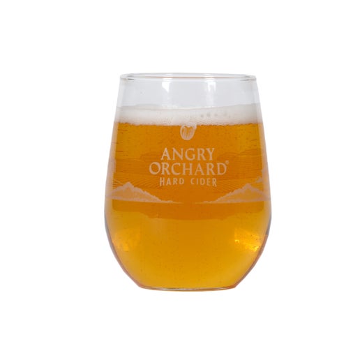 On one side of this glass is an apple and under it the writing "Angry Orchard Hard Cider". Under the writing is the beginning of a silhouette of the Angry Orchard, which continues to the next side. The other side of the glass as a full white silhouette of the Angry Orchard. 