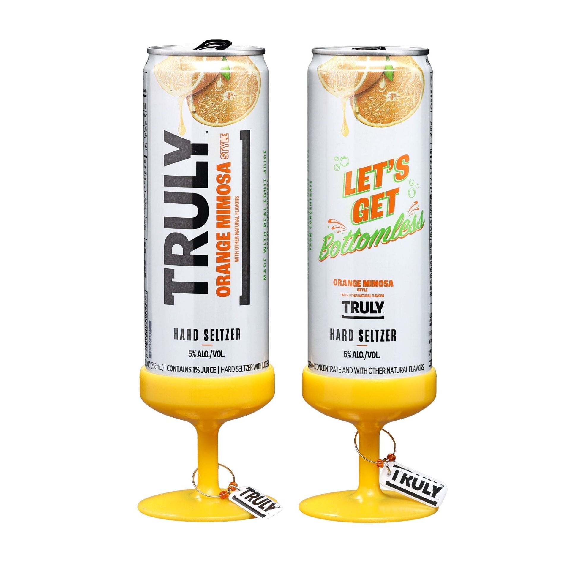 Two tall, slim cans of Truly Hard Seltzer Orange Mimosa, each with a yellow base shaped like the bottom of a stemmed glass, on a white background. The left can has "TRULY ORANGE MIMOSA" text and the right can has "LET'S GET bottomless" text.