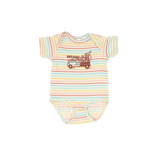 Multi color striped baby onesie. Has a truck in the center of the onesie. On the truck is the writing "Awesome to the" which continuation to the trunk with a silhouette of an apple with the writing "CORE" inside it. 
