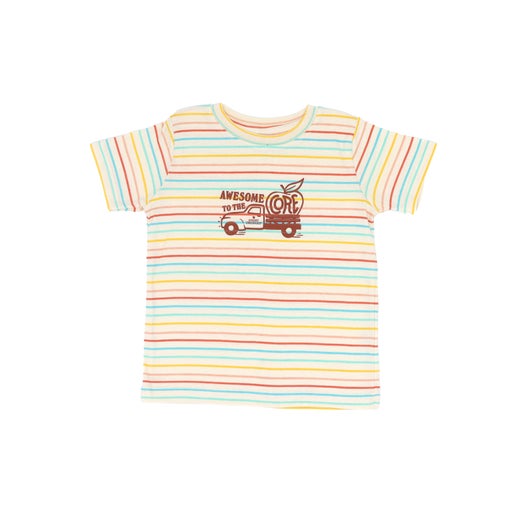 Multi color striped baby tee. Has a truck in the center of the onesie. On the truck is the writing "Awesome to the" which continuation to the trunk with a silhouette of an apple with the writing "CORE" inside it. 