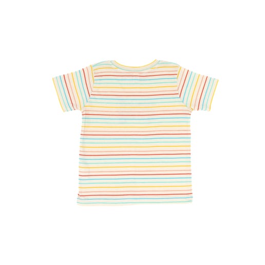 Multi color striped baby tee. Has a truck in the center of the onesie. On the truck is the writing "Awesome to the" which continuation to the trunk with a silhouette of an apple with the writing "CORE" inside it. 
