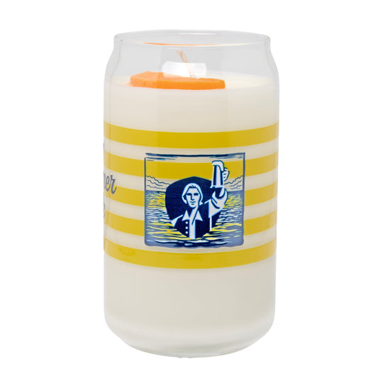Summer Ale can glass candle with orange slice wax detail, nautical illustration label, and yellow striped design in reusable beer can glass