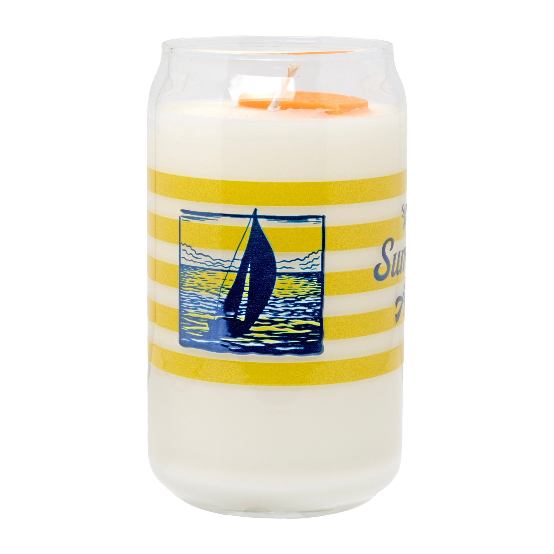 Summer Ale glass candle featuring sailboat artwork, citrus-inspired wax top, and yellow striped beer can style container