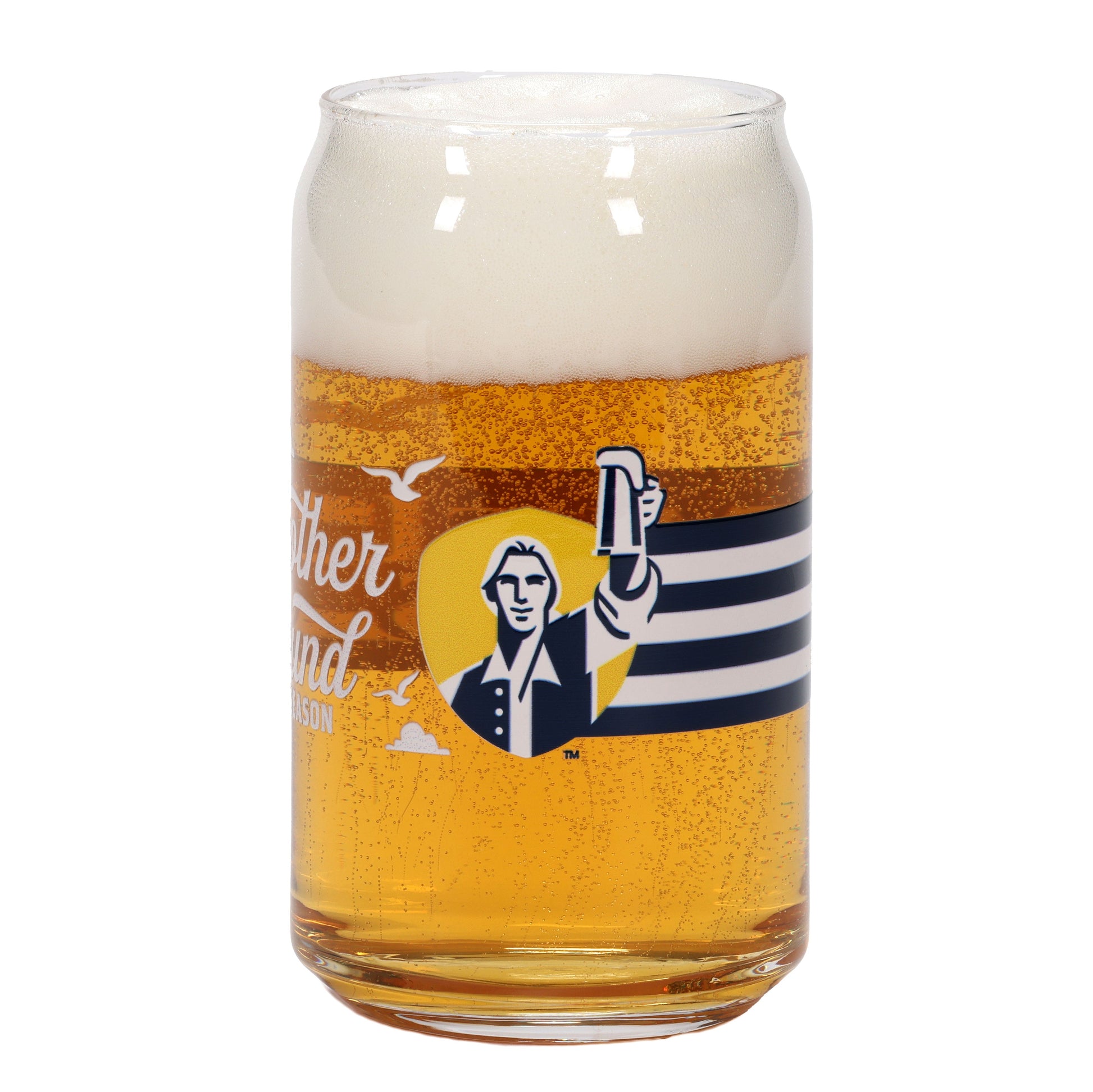 Glass filled with beer featuring a label with a logo and text on a white background