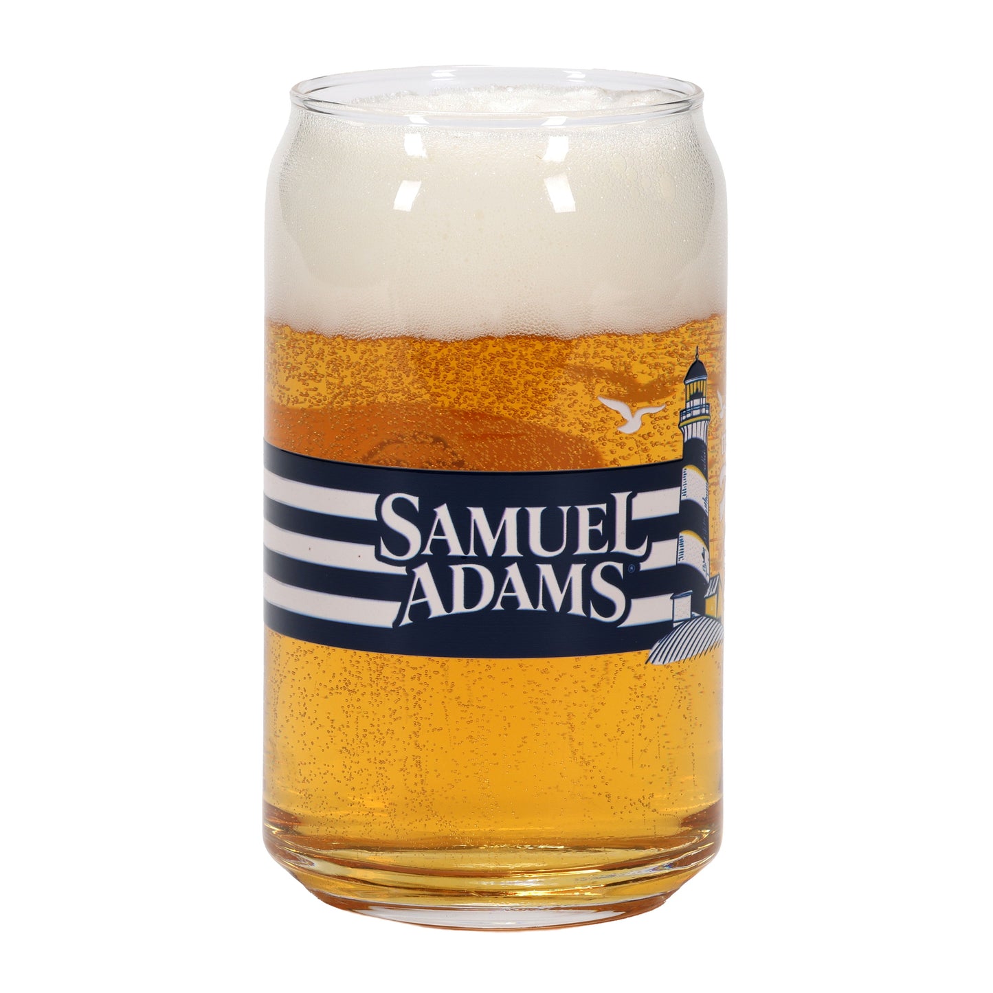 Samuel Adams beer can glass with lighthouse design on a white background