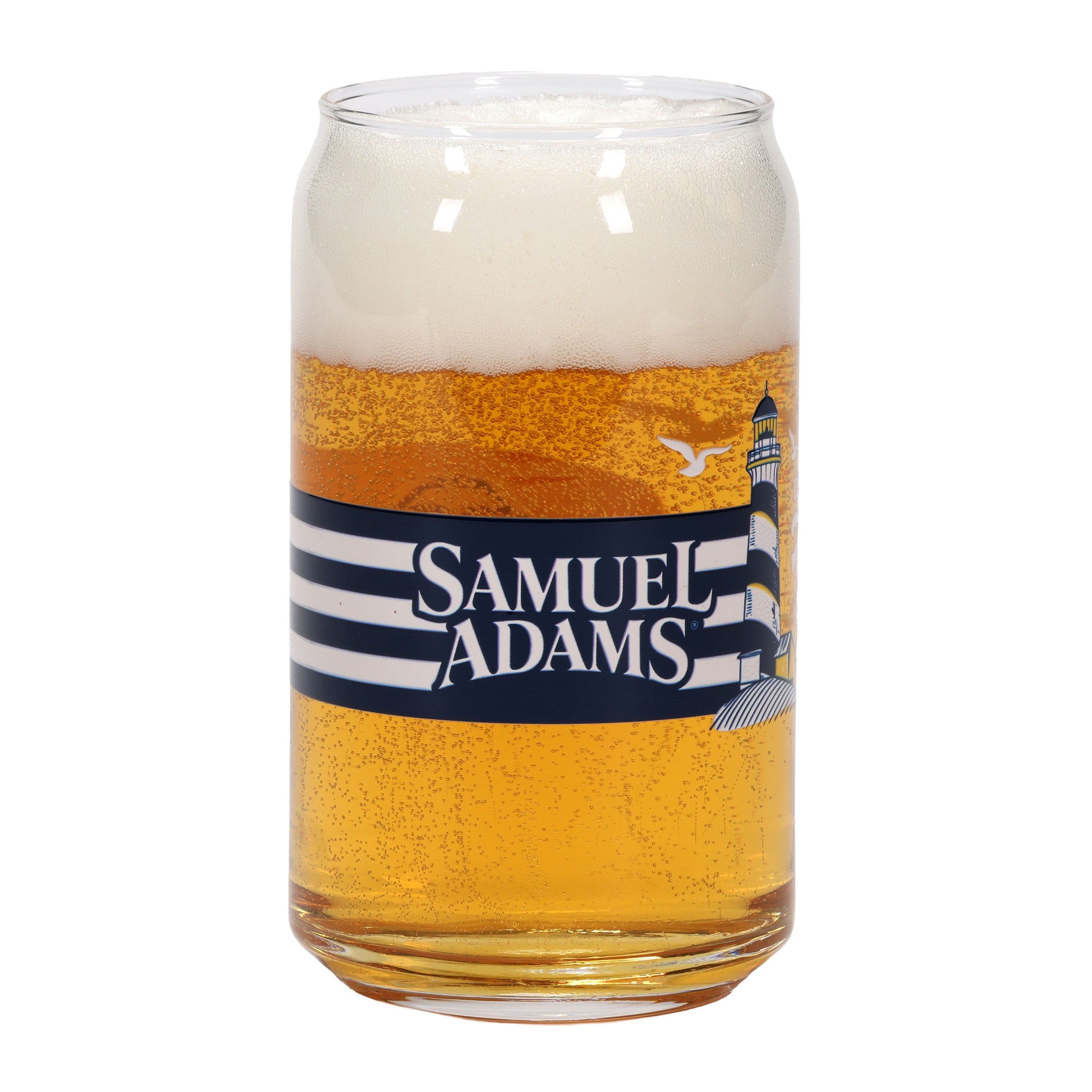 Samuel Adams beer can glass with lighthouse design on a white background