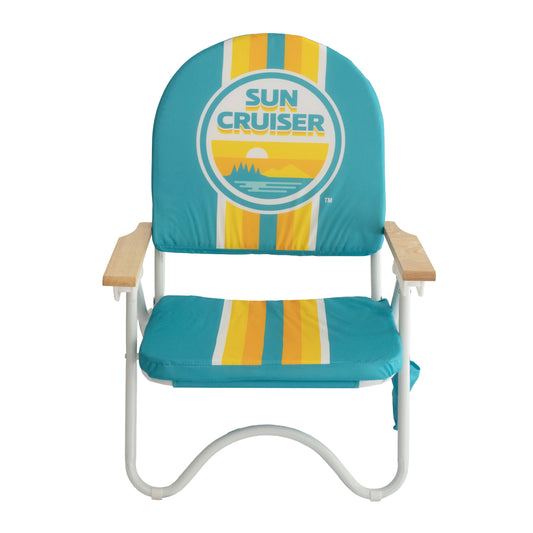 Teal beach chair with retro Sun Cruiser orange, yellow. and white striped pattern and a large circle Sun Cruiser logo 