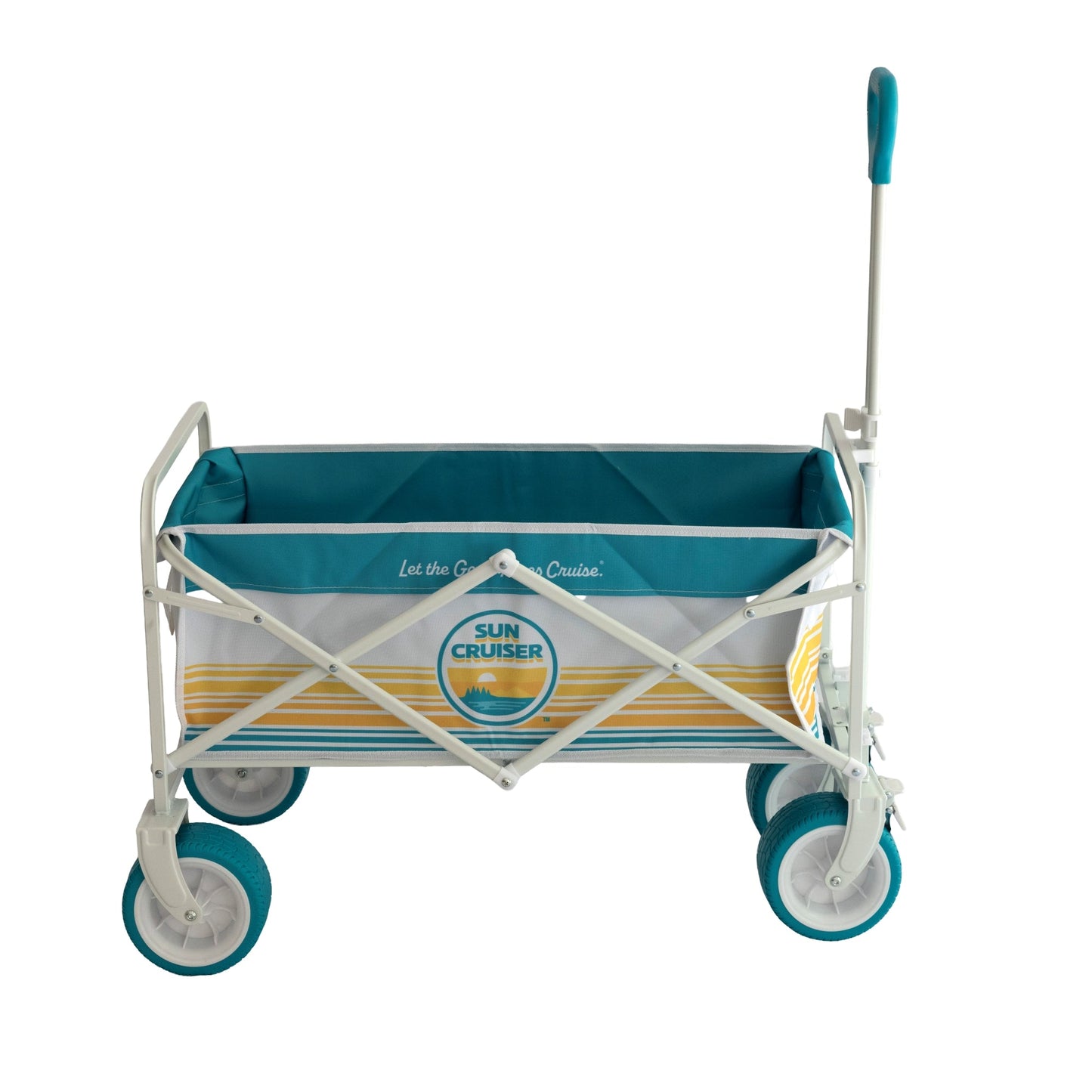 Sun Cruiser beach wagon with teal and yellow striped fabric, durable frame and all-terrain wheels for hauling beach gear and essentials