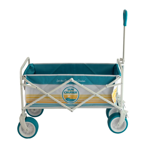 Sun Cruiser beach wagon with teal and yellow striped fabric, durable frame and all-terrain wheels for hauling beach gear and essentials