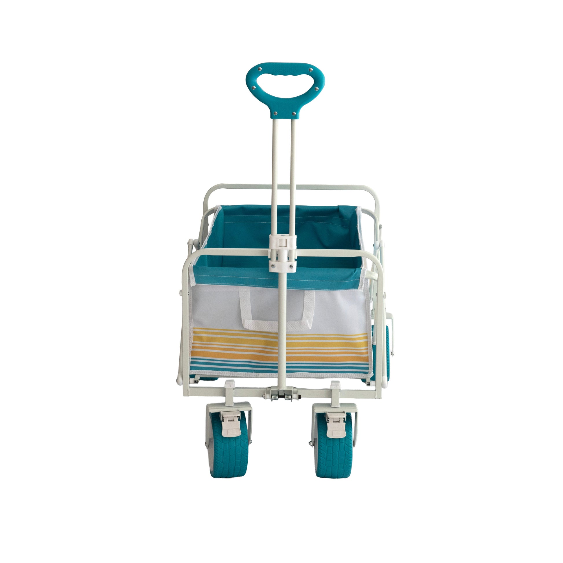 Sun Cruiser beach wagon with teal and yellow striped fabric, durable frame and all-terrain wheels for hauling beach gear and essentials