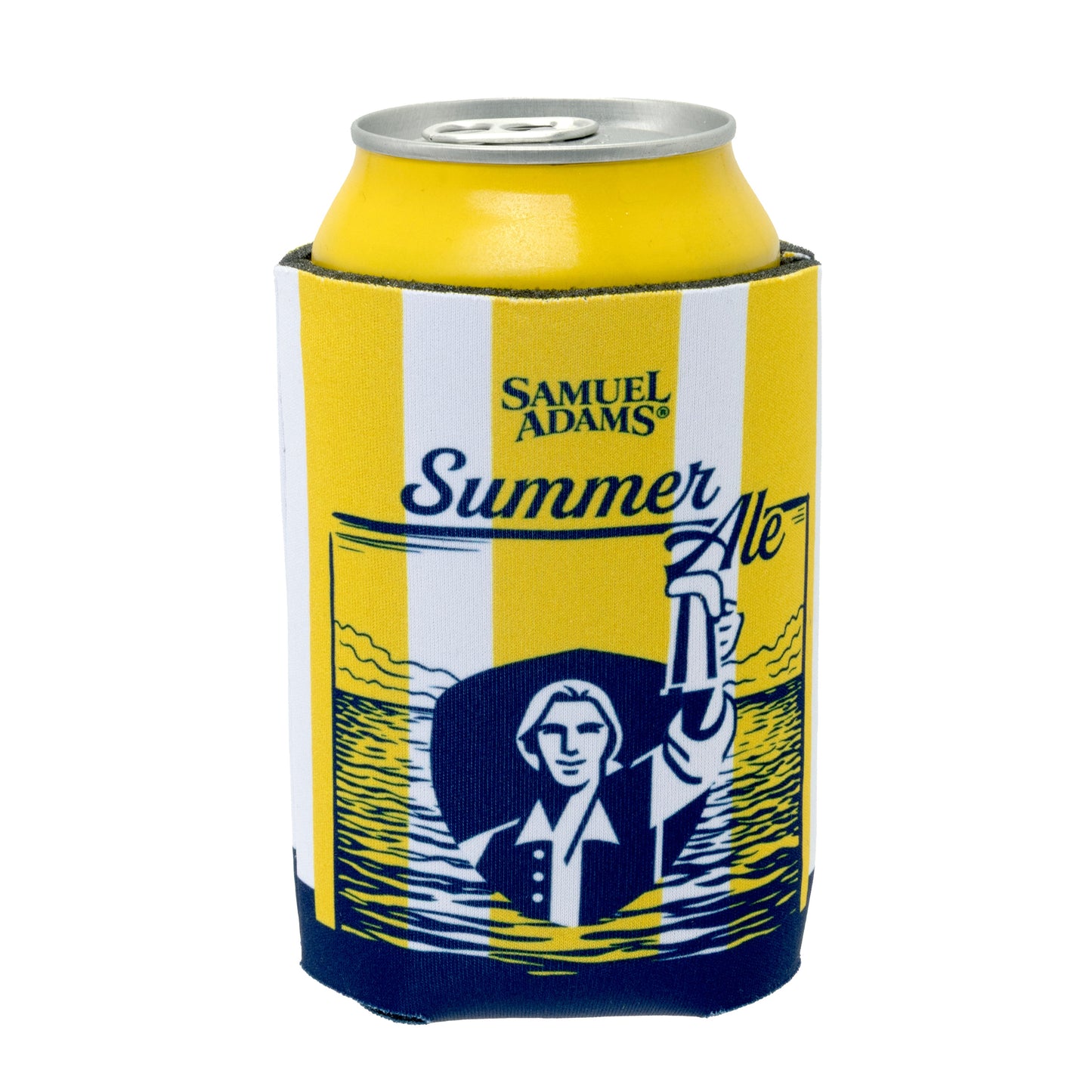 Samuel Adams Summer Ale can cooler with yellow and blue design on a white background