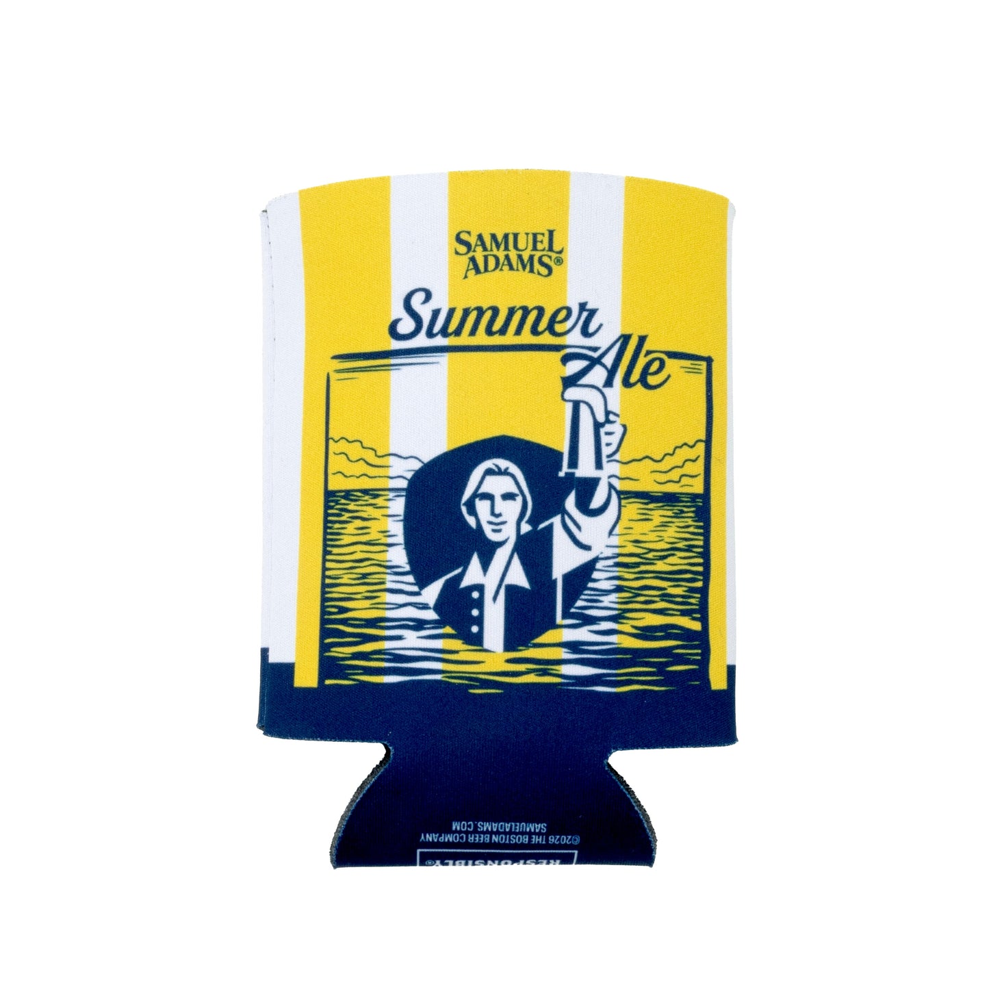 Samuel Adams Summer Ale can cooler sleeve with yellow striped design and a navy Samuel Adams hoist shield logo