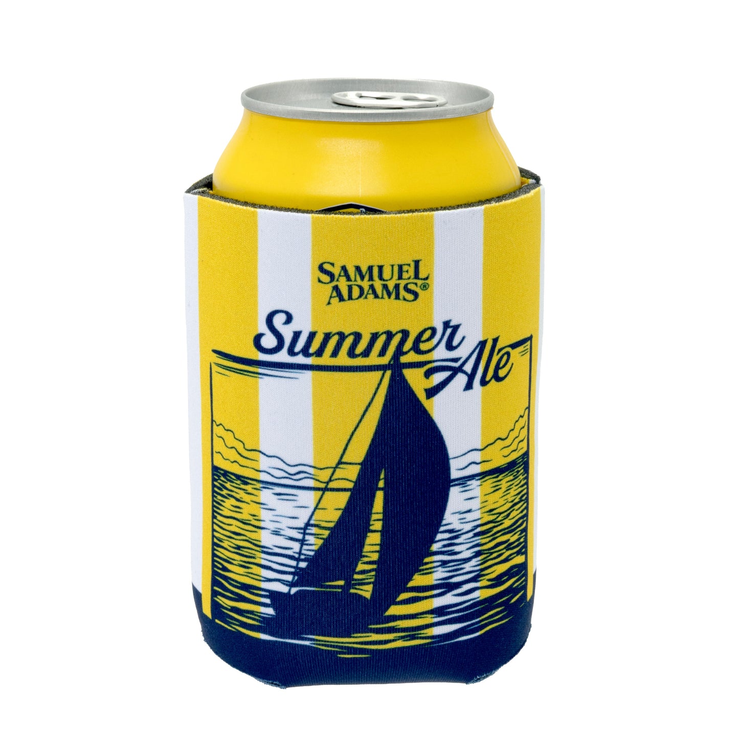 Samuel Adams Summer Ale can cooler with sailboat design on a white background