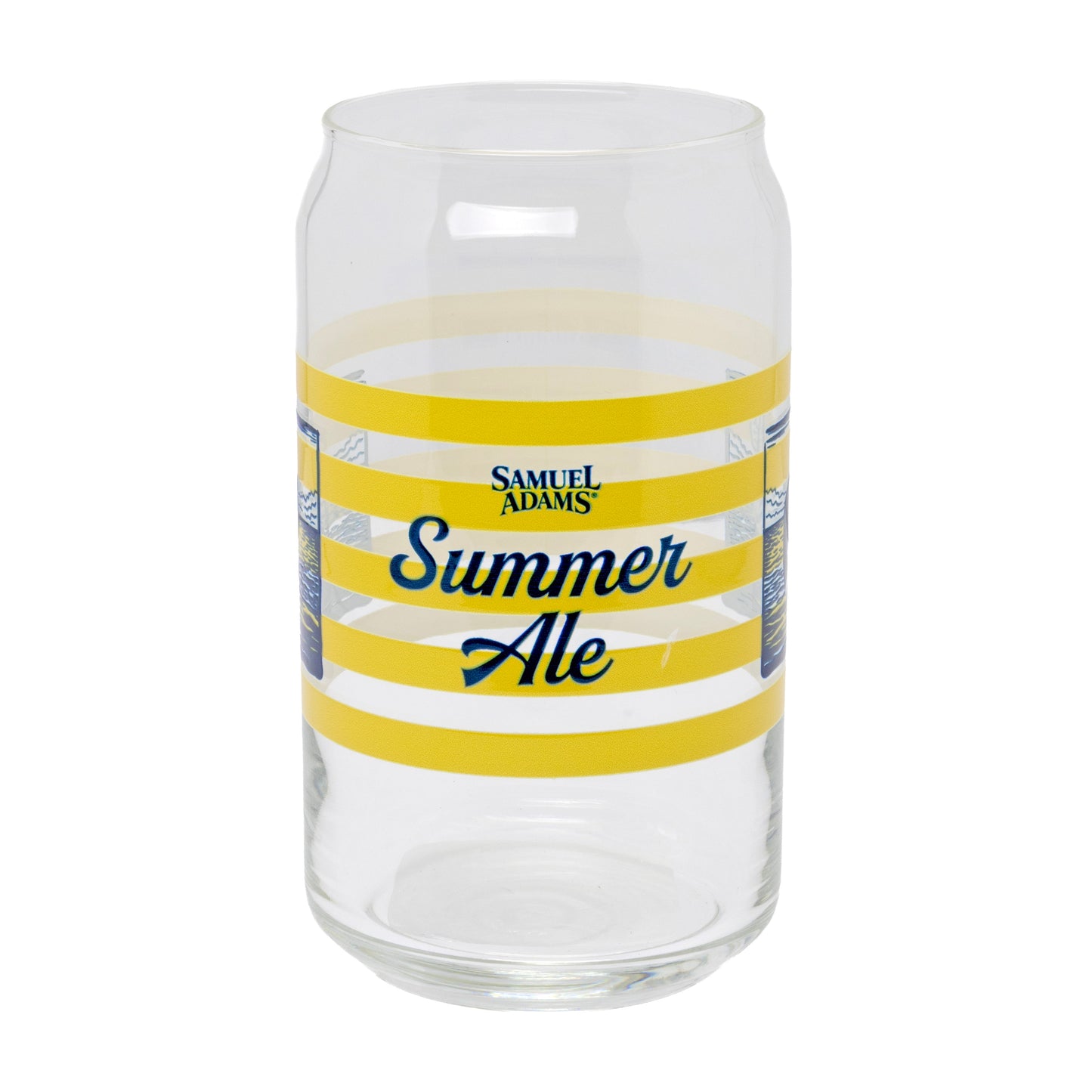 Samuel Adams Summer Ale branded pint glass with yellow striped design, and "Samuel Adams, Summer Ale" written in navy