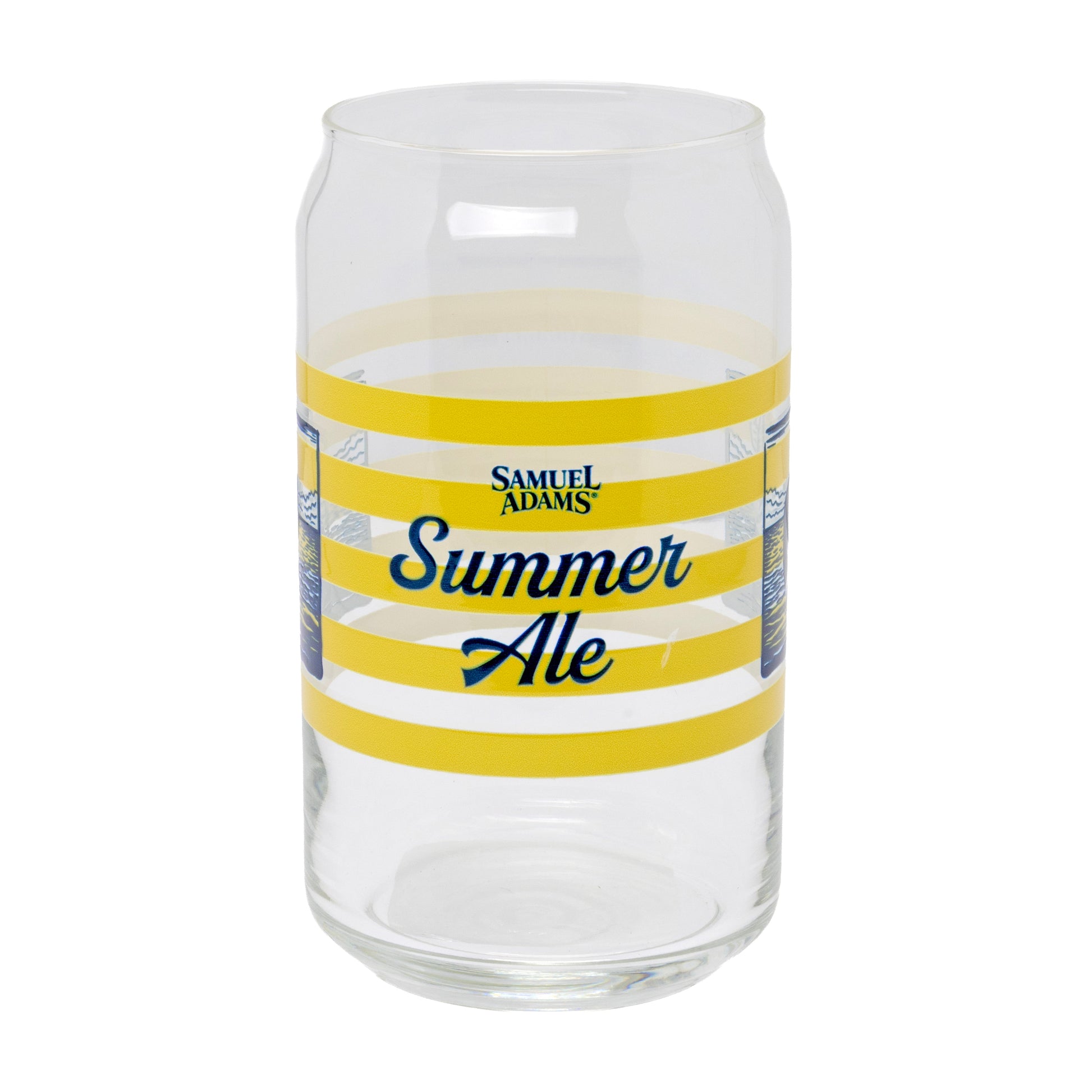 Samuel Adams Summer Ale branded pint glass with yellow striped design, and "Samuel Adams, Summer Ale" written in navy
