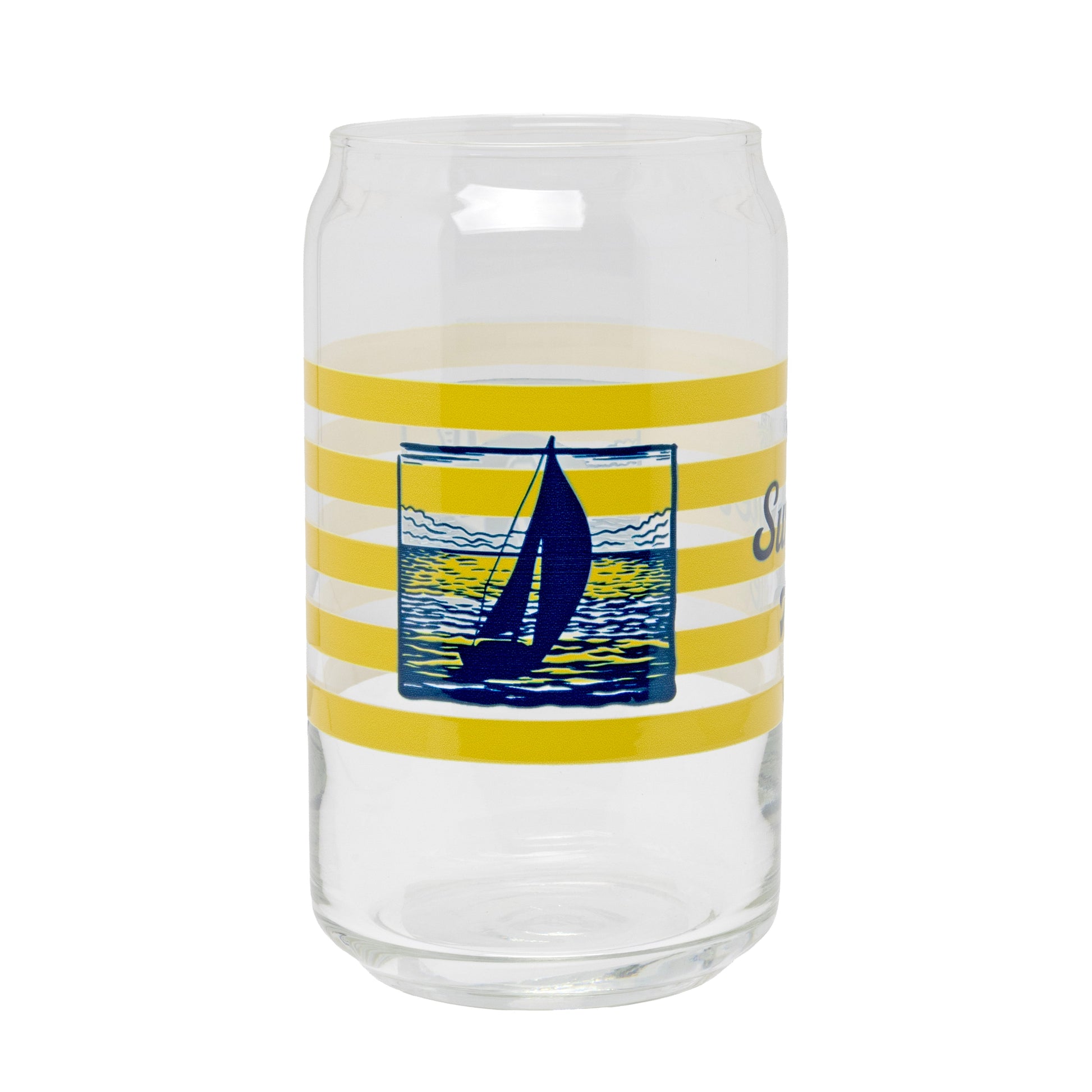 Samuel Adams Summer Ale glass close-up showing a navy nautical sailboat graphic with yellow stripes