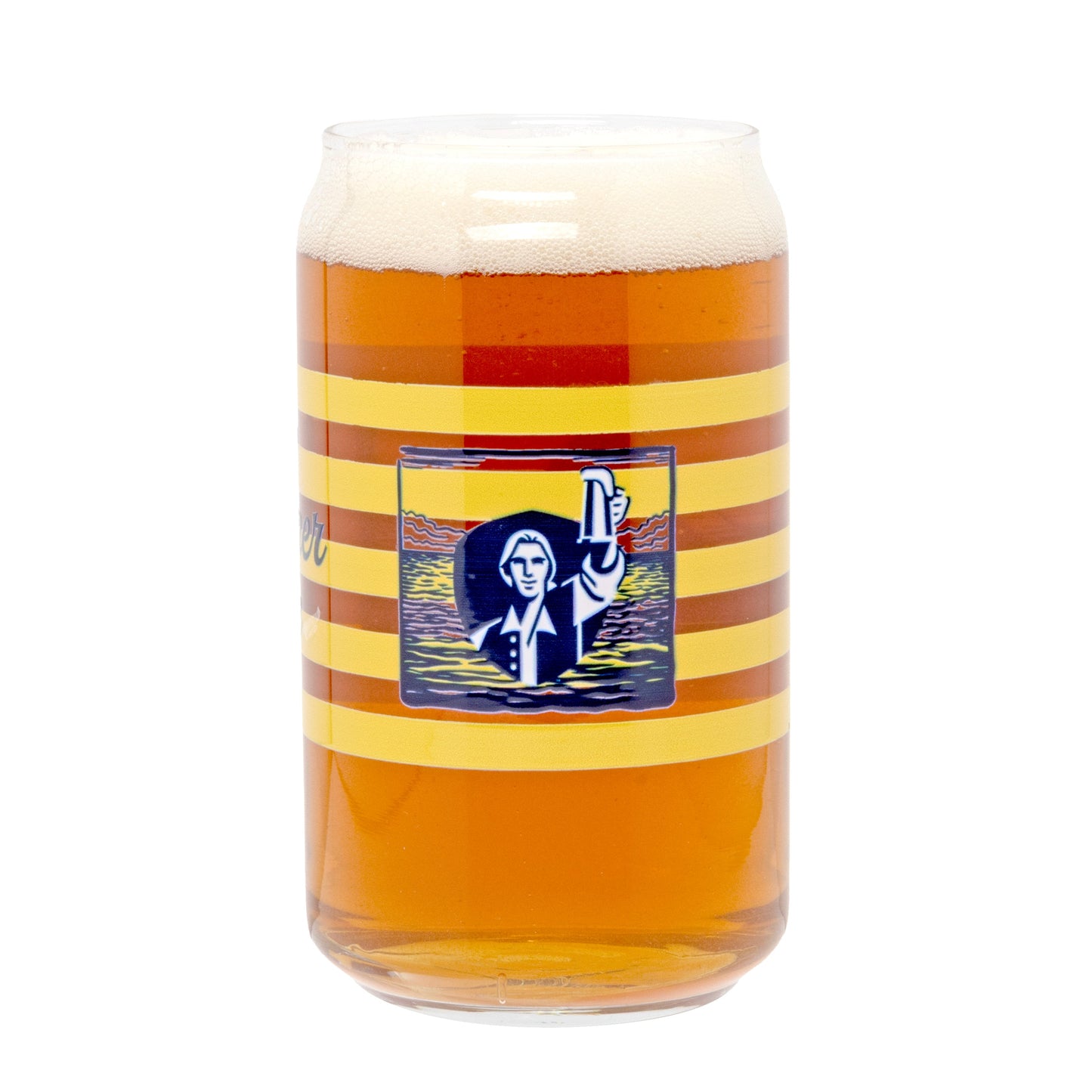 Samuel Adams Summer Ale pint glass filled with golden beer and foamy head, yellow striped design and a navy Samuel Adams hoist logo over an ocean background