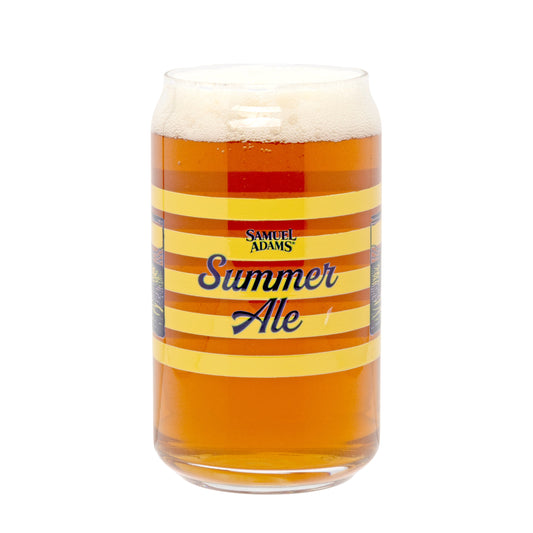 Samuel Adams Summer Ale branded pint glass with yellow striped design, and "Samuel Adams, Summer Ale" written in navy, filled with beer