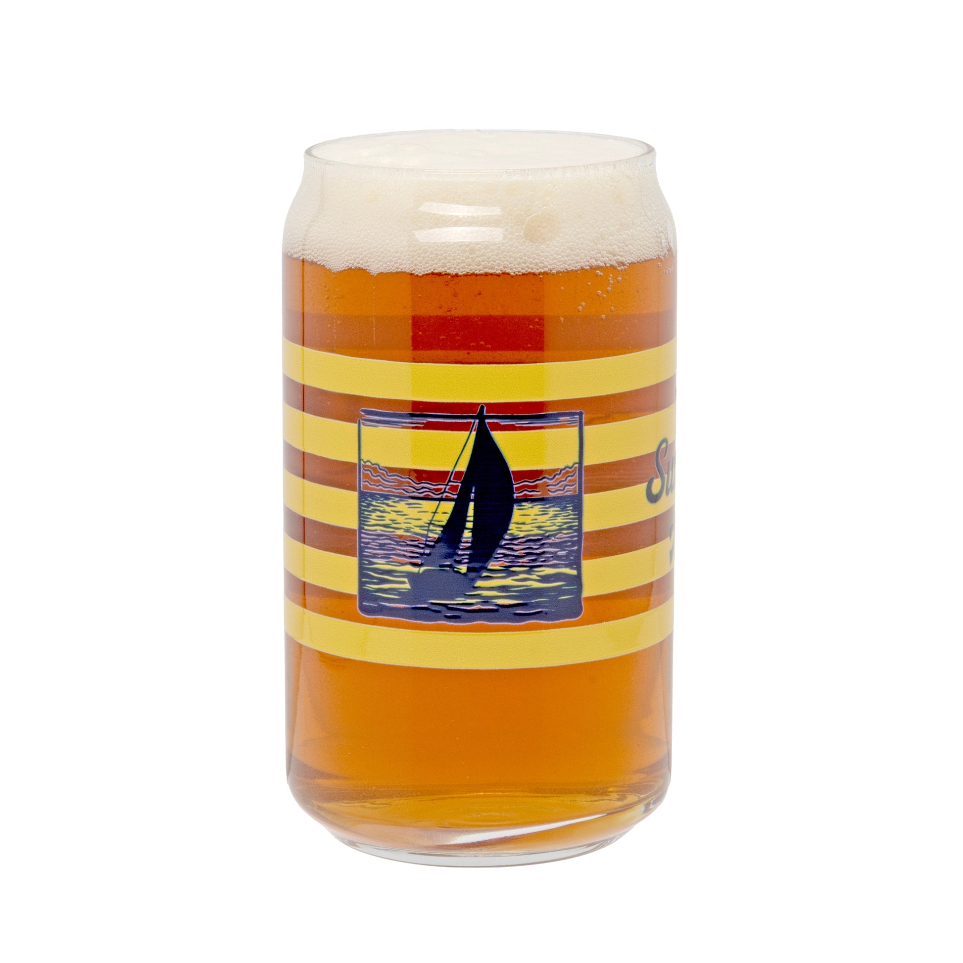 Samuel Adams Summer Ale glass close-up showing a navy nautical sailboat graphic with yellow stripes, filled with beer