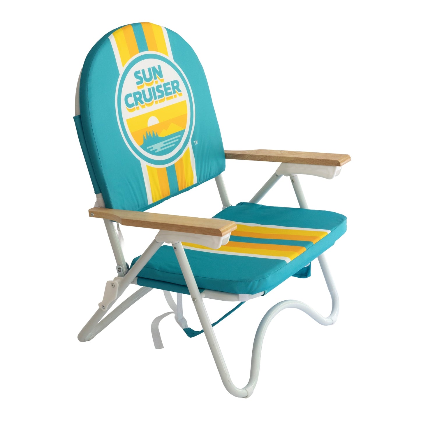 Teal beach chair with retro Sun Cruiser orange, yellow. and white striped pattern, a large circle Sun Cruiser logo, wooden arm rest, and white stands