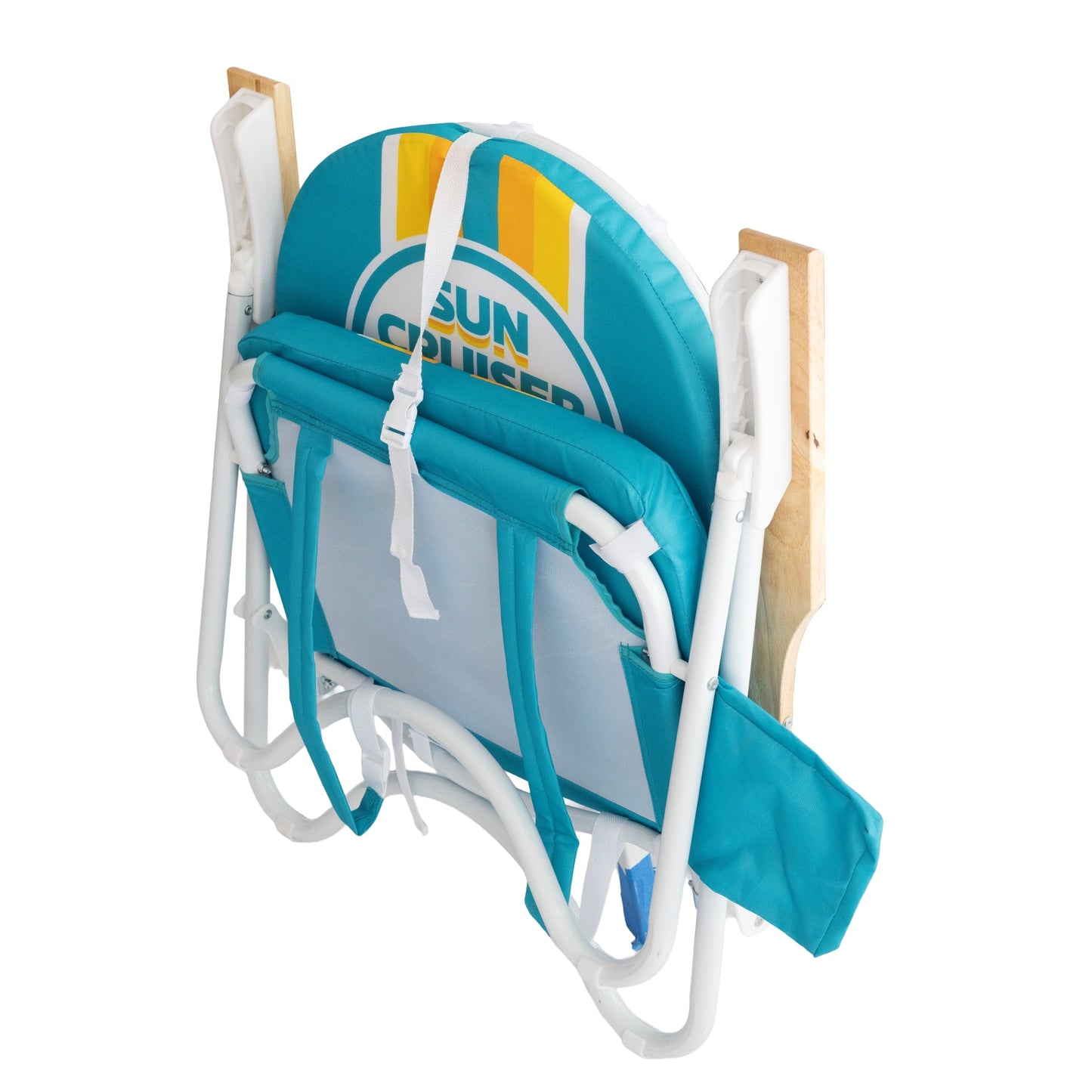 Teal beach chair with retro Sun Cruiser orange, yellow. and white striped pattern, a large circle Sun Cruiser logo, wooden arm rest, and white stands