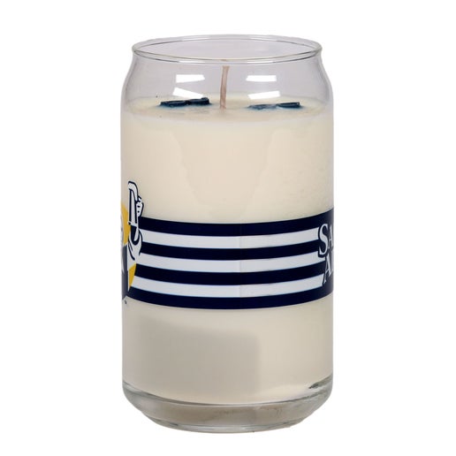 Candle with Black, white, and yellow Samuel Adams logo and a light house design. Black and white stripes wrap the middle of the candle connecting to a Samuel Adams hoist a beer logo to form a near 360 design.