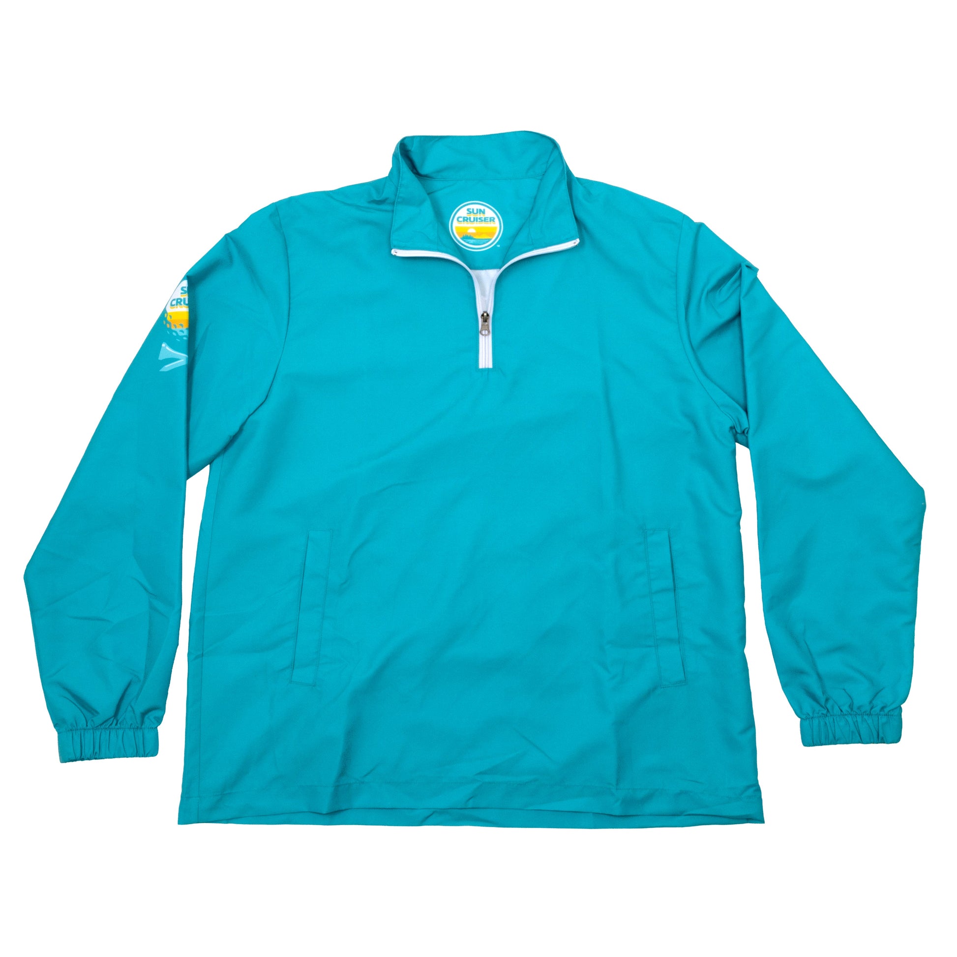 Sun Cruiser Teal Windbreaker with a Sun Cruiser golf tee logo on the right sleeve