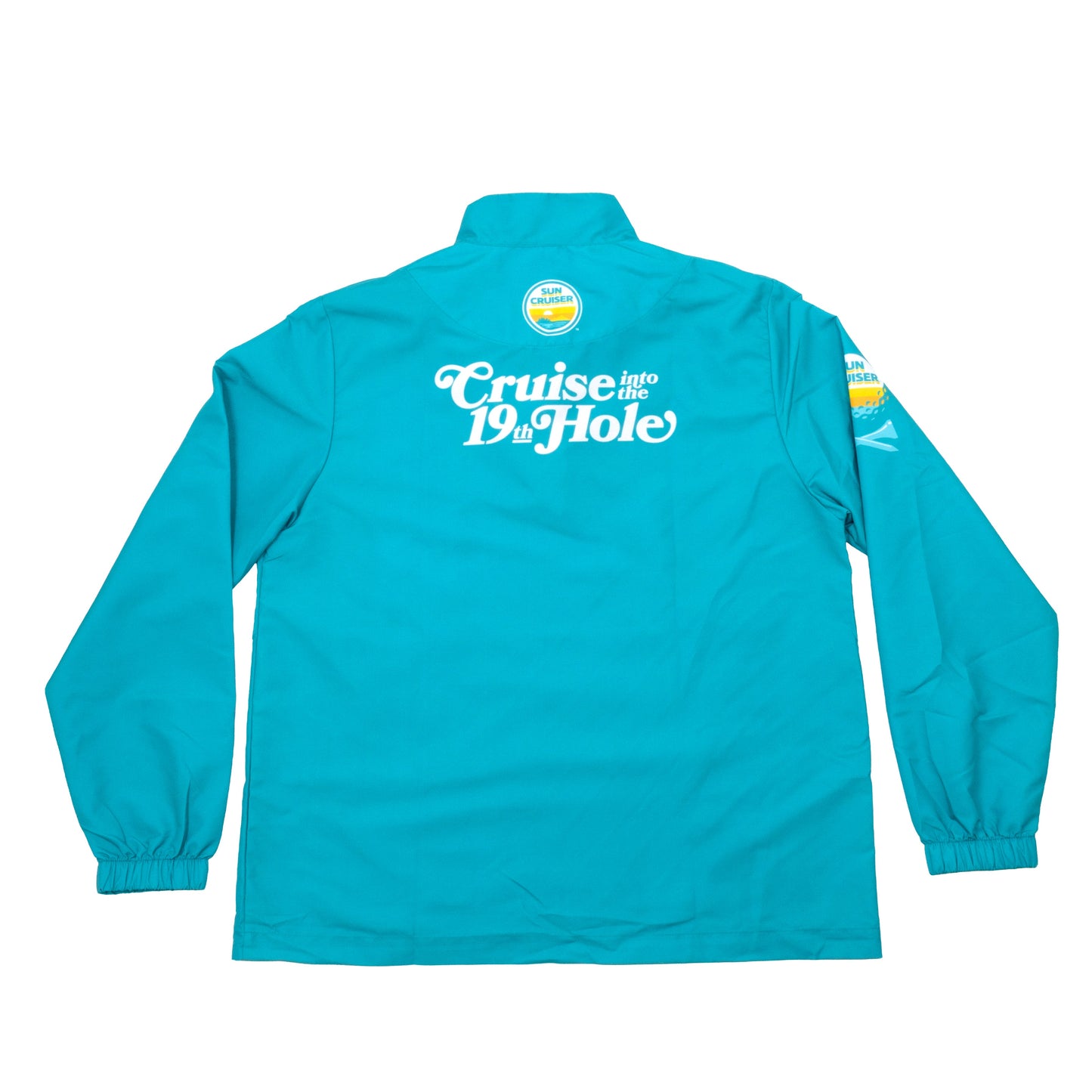 Backside of teal Sun Cruiser teal windbreaker with a Sun Cruiser logo and cursive white text that ready "Cruise into the 19th Hole"