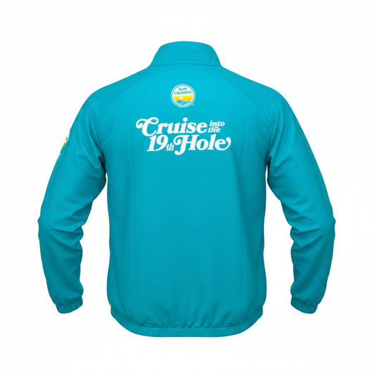 Backside of teal Sun Cruiser teal windbreaker with a Sun Cruiser logo and cursive white text that ready "Cruise into the 19th Hole"
