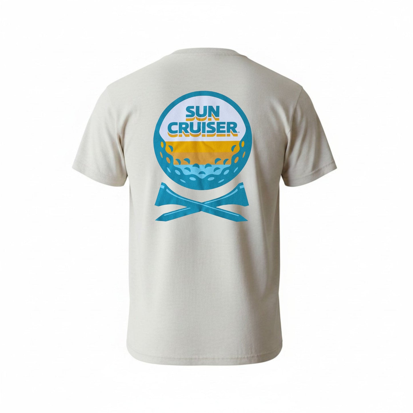 Beige t-shirt with 'Sun Cruiser' logo on the back against a white background