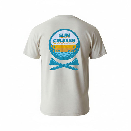 Beige t-shirt with 'Sun Cruiser' logo on the back against a white background
