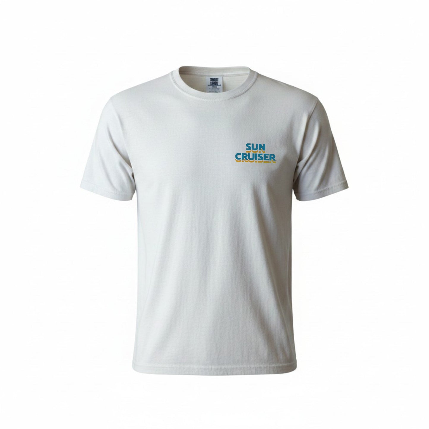 White t-shirt with 'Sun Cruiser' text on a white background