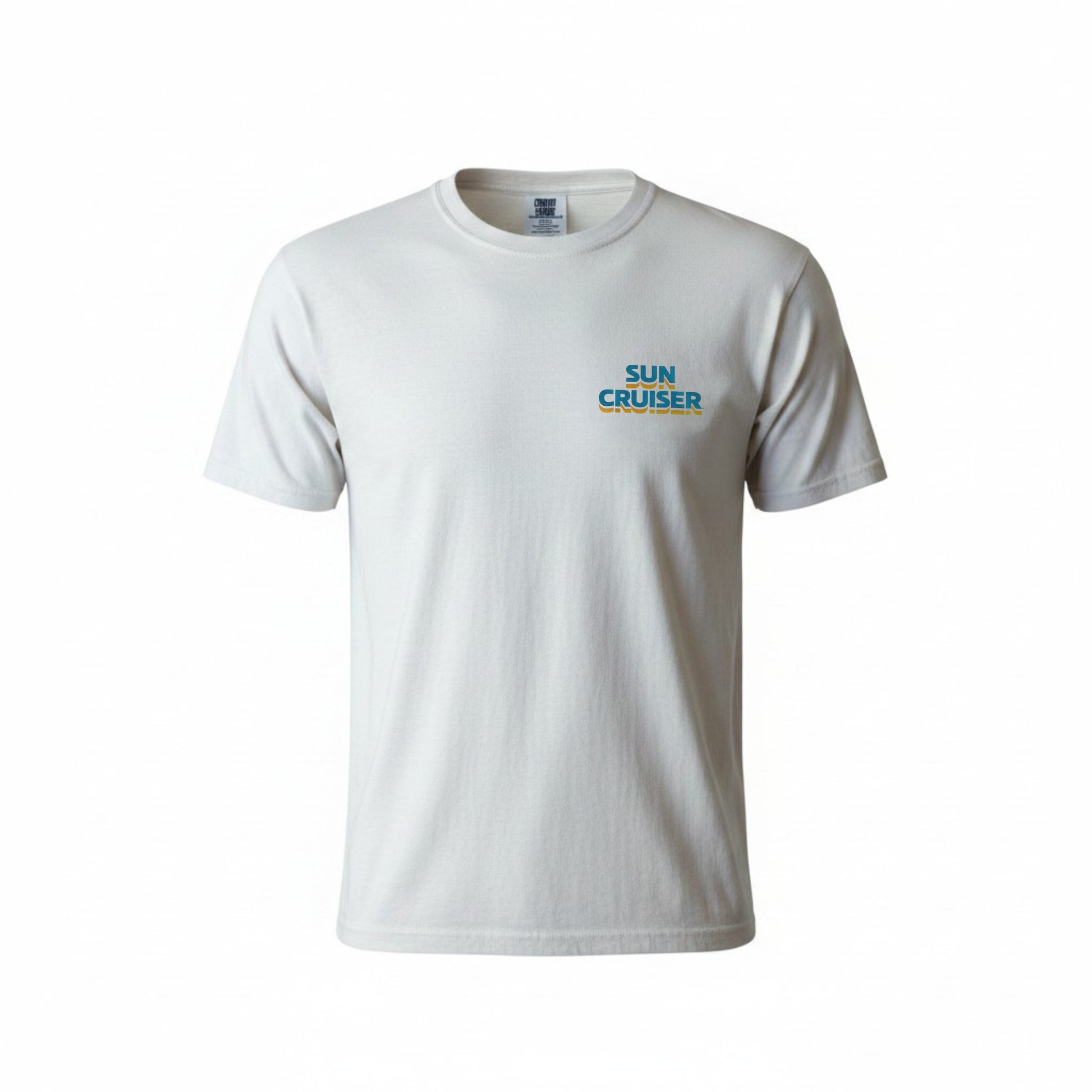 White t-shirt with 'Sun Cruiser' text on a white background