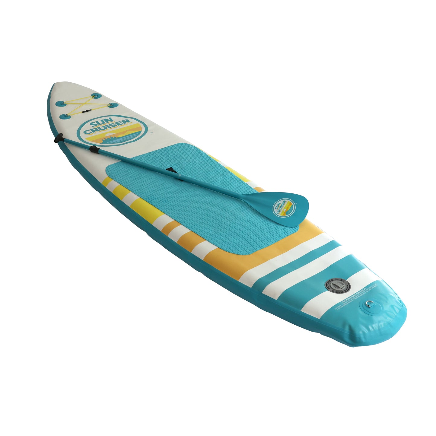 Sun Cruiser inflatable stand up paddleboard with paddle, teal and yellow striped deck, non-slip pad 