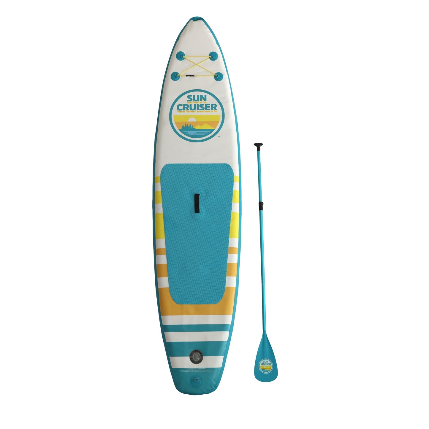 Full view Sun Cruiser inflatable paddleboard with adjustable paddle, wide stable design, textured grip deck and bold beach-inspired colors