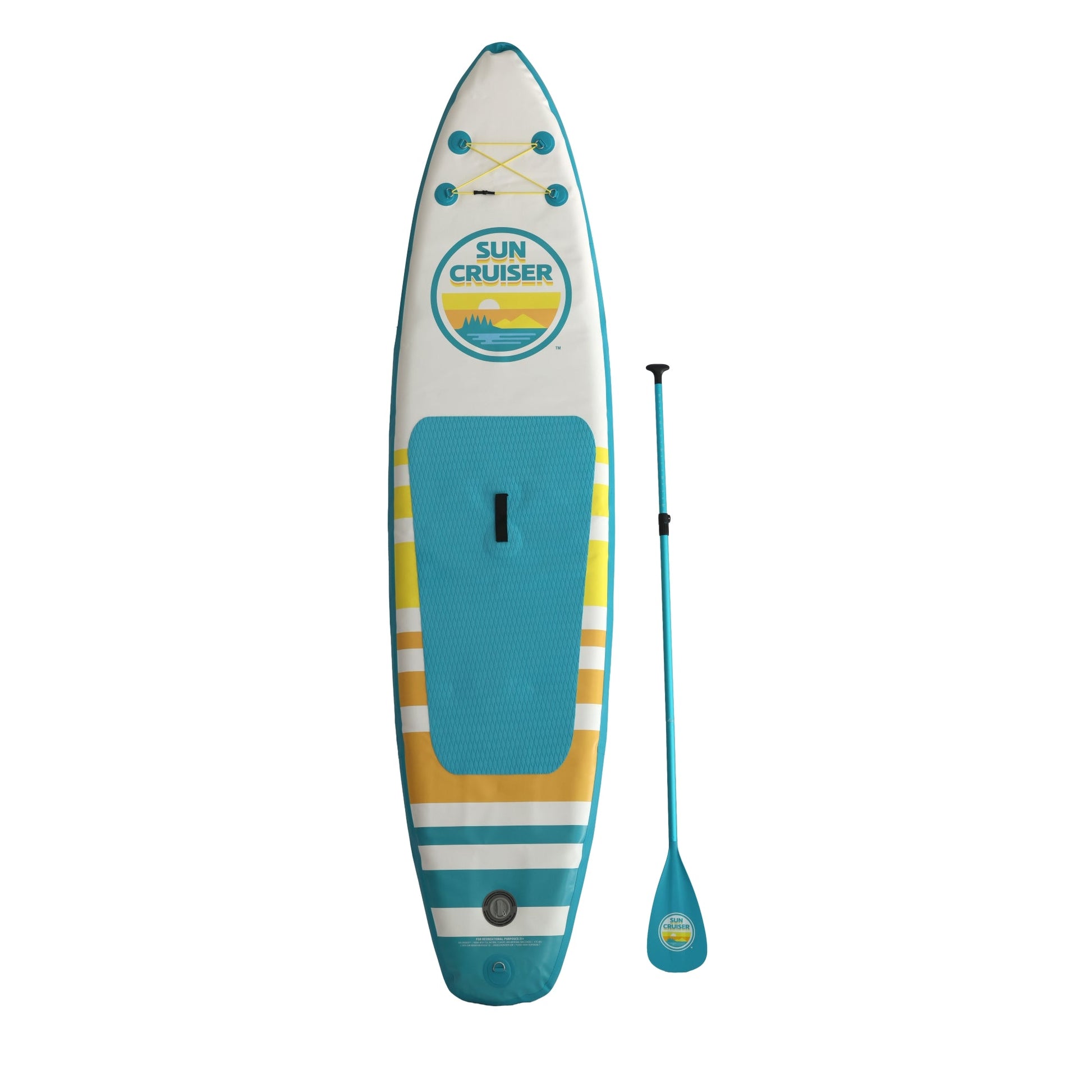 Full view Sun Cruiser inflatable paddleboard with adjustable paddle, wide stable design, textured grip deck and bold beach-inspired colors
