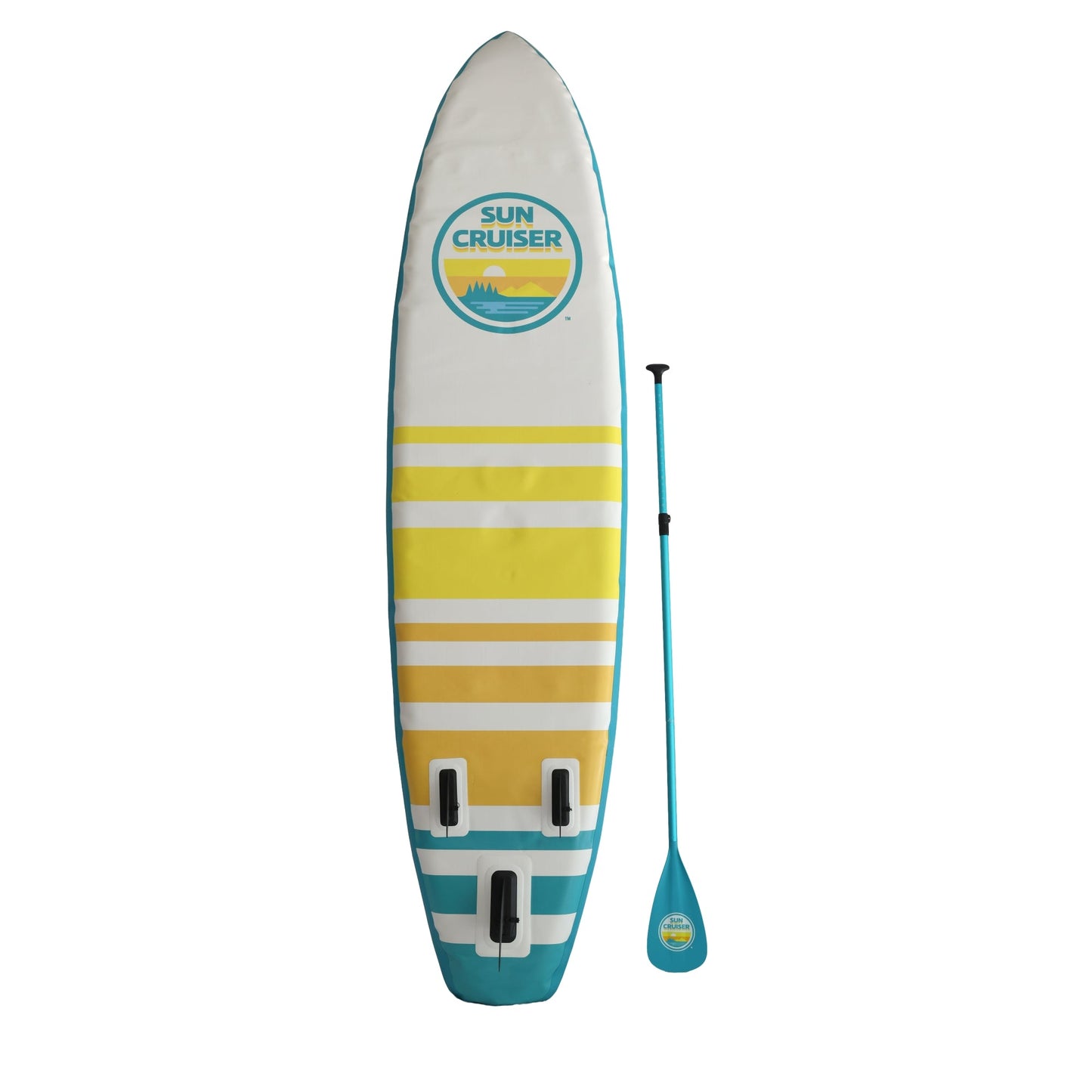 Sun Cruiser paddleboard with teal, orange, and yellow and white stripes, fins and adjustable paddle included