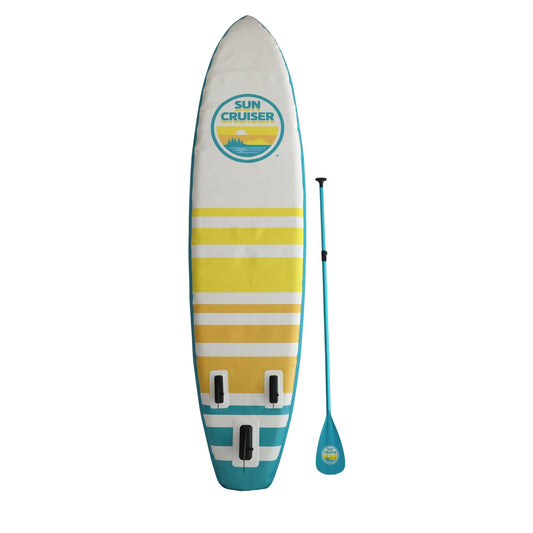 Sun Cruiser paddleboard with teal, orange, and yellow and white stripes, fins and adjustable paddle included