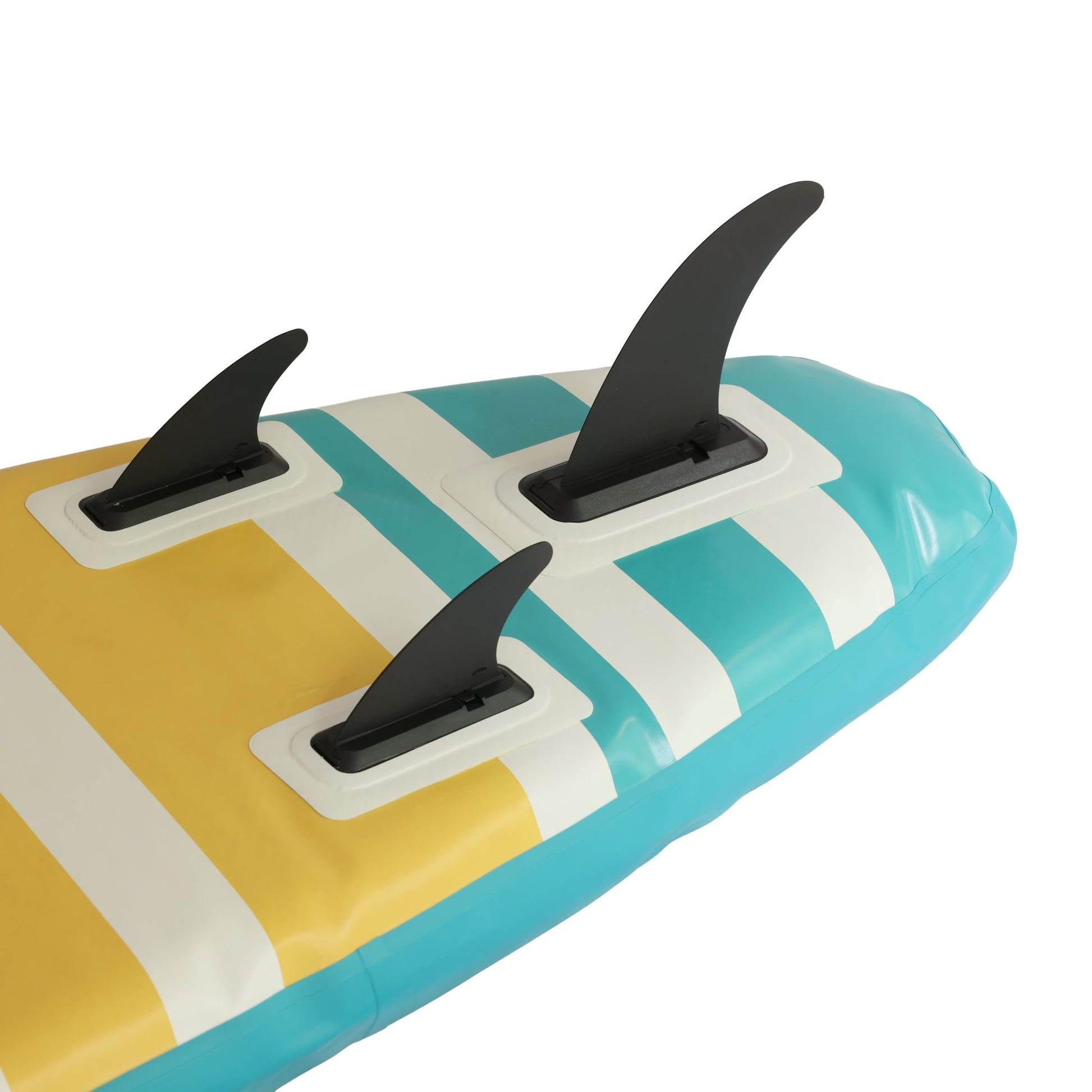 Sun Cruiser inflatable paddleboard underside with three removable fins, stable SUP design with teal and yellow striped deck