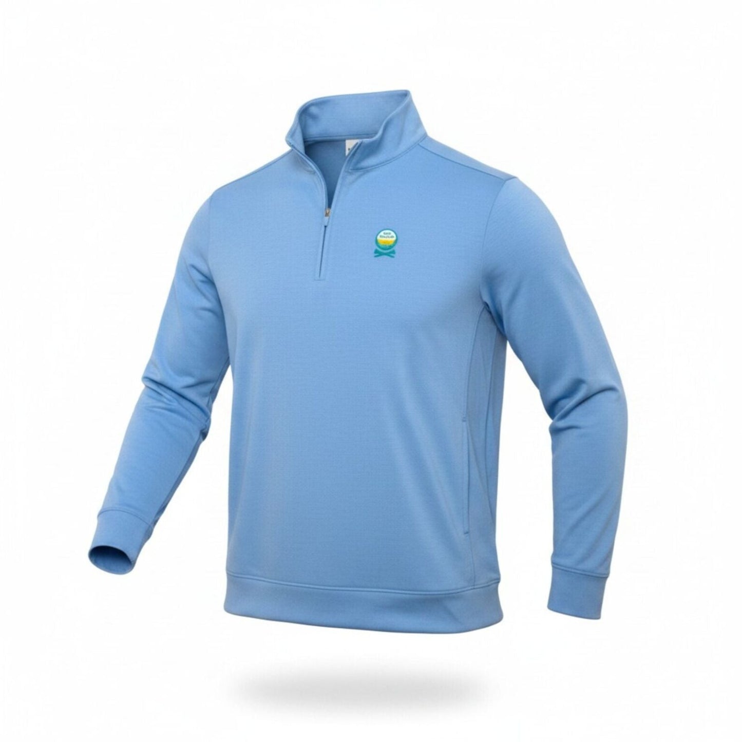Baby blue quarter zip sweatshirt with a golf ball inspired sun cruiser logo design on the top left chest