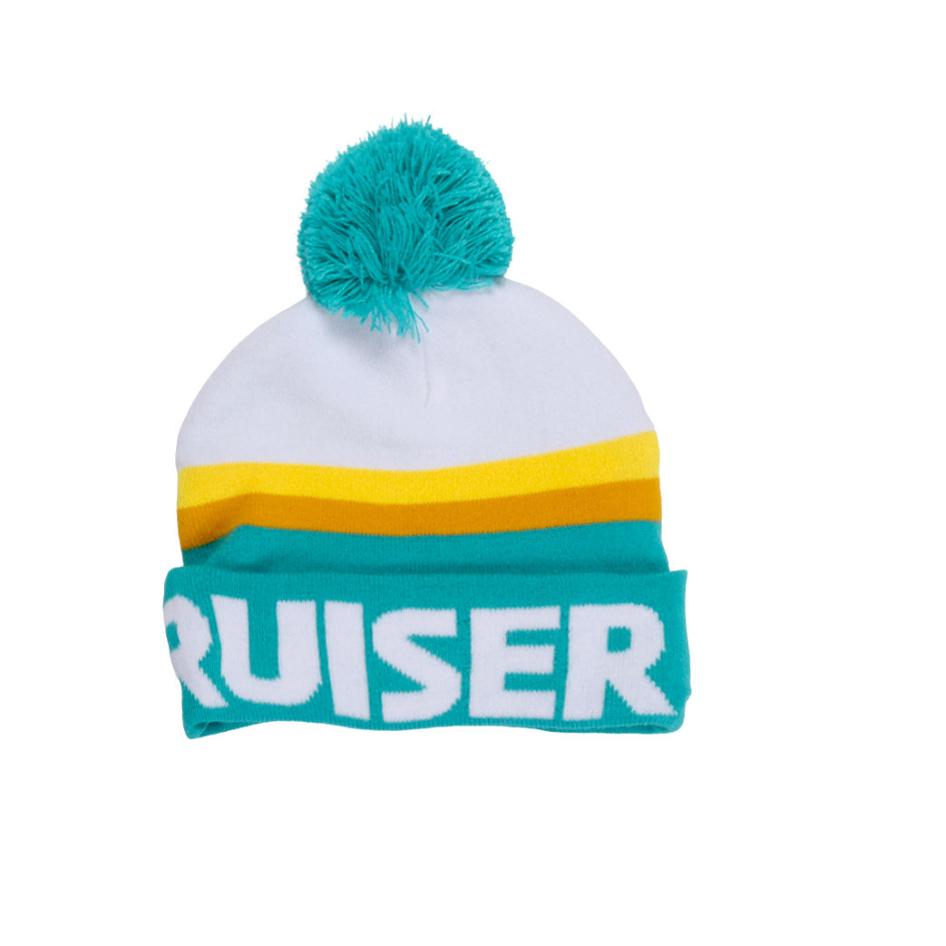 Colorful beanie with 'CRUISER' branding on a white background