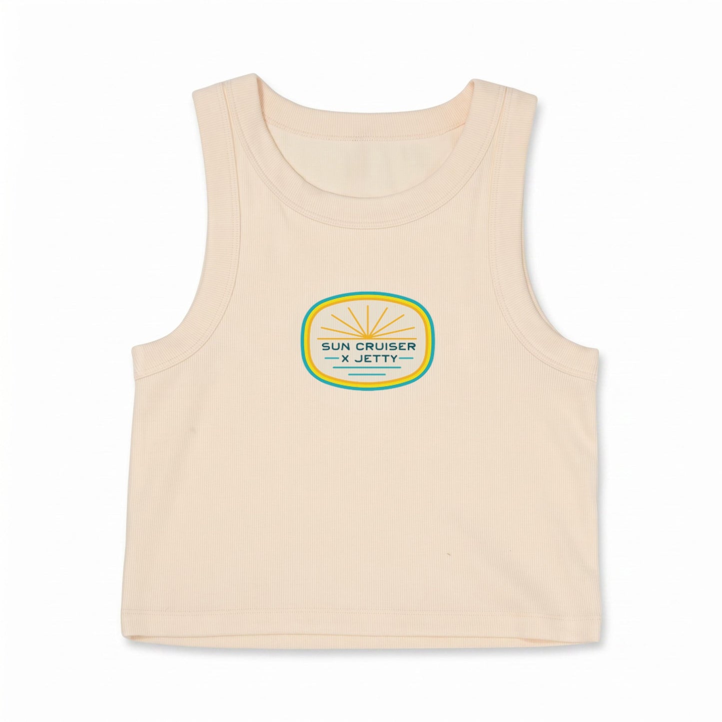 A light beige sleeveless tank top featuring a circular graphic on the chest with the text 'SUN CRUISER x JETTY' in black, outlined in green, and filled with yellow sunburst rays.