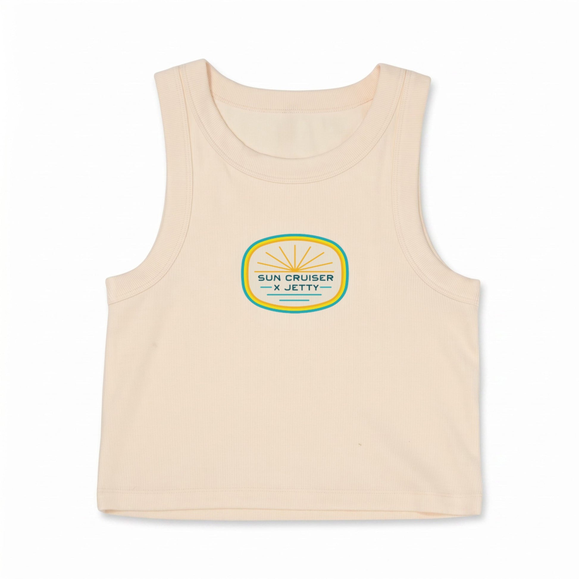 A light beige sleeveless tank top featuring a circular graphic on the chest with the text 'SUN CRUISER x JETTY' in black, outlined in green, and filled with yellow sunburst rays.
